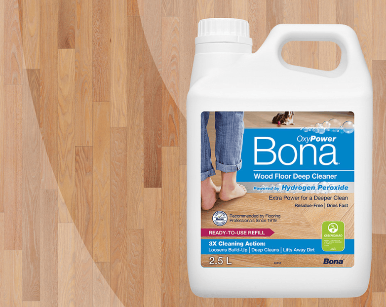 Bona Deep Clean Wood Floor Cleaner 2.5L bottle, ideal for timber, varnished wood, and hard waxed oiled floors. Features a hydrogen peroxide-powered antibacterial formula that loosens dirt and leaves floors residue-free.