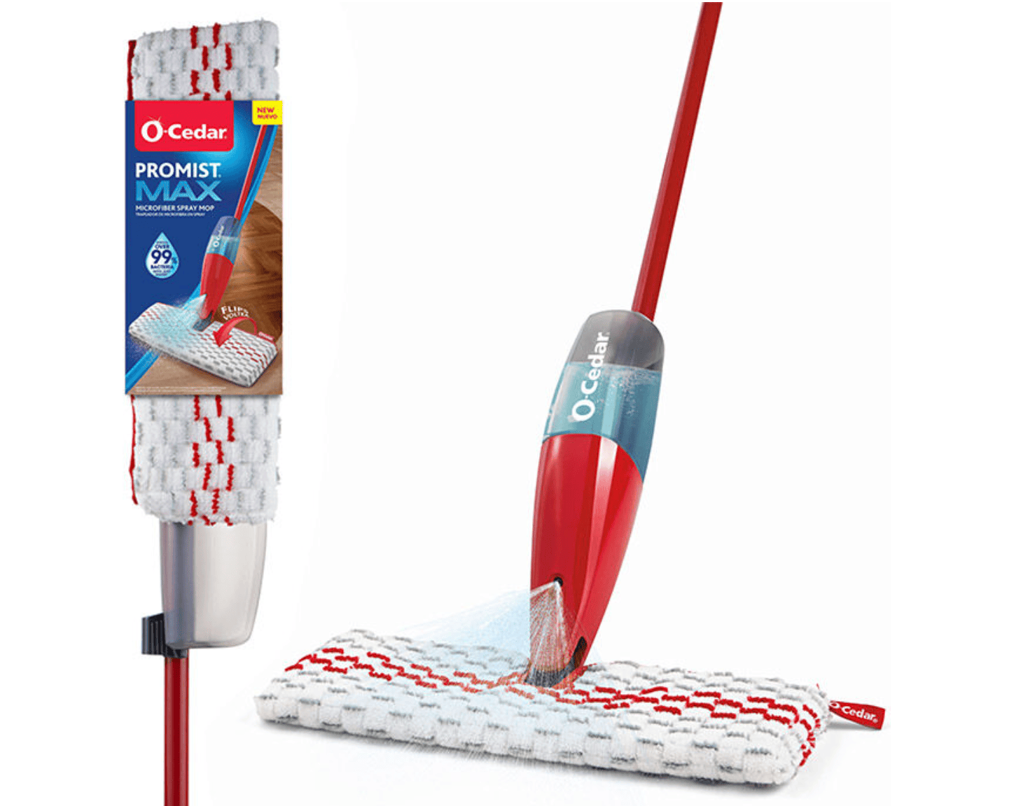 ProMist® MAX Microfiber Spray Mop with double-sided, reusable microfiber pad and battery-free spray trigger for effective floor cleaning. Features a machine-washable mop pad that removes over 99% of bacteria with water or cleaning solution.